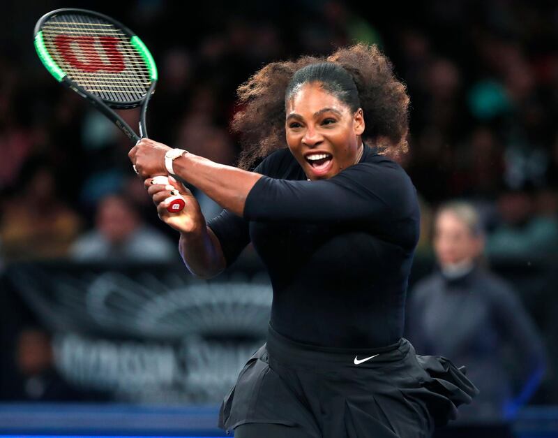 Serena Williams of the United States returns to Zhang Shuai of China during the semi-final round of the Tie Break Tens tournament at Madison Square Garden, Monday, March 5, 2018 in New York. Williams lost to Zhang and was eliminated. The Tie Break Tens' New York event is a one-day day exhibition tournament featuring eight female players competing for a $250,000 winner's prize. (AP Photo/Kathy Willens)