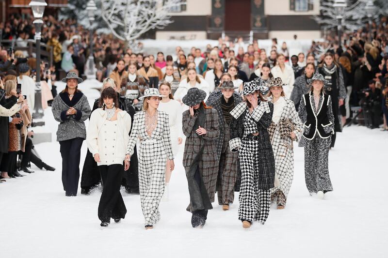 Models wipe tears from their eyes at the finale of Chanel ready to wear Fall-Winter 2019-2020. Photo: AP