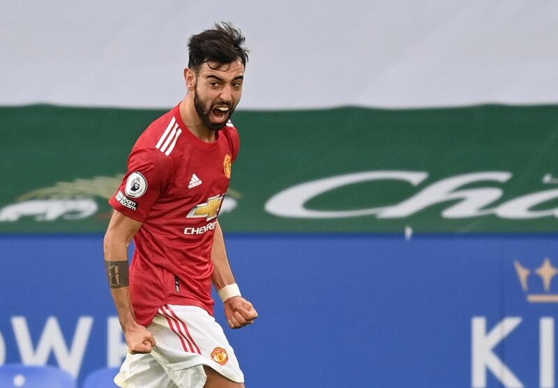 Manchester United's Bruno Fernandes celebrates scoring their second goal. Reuters