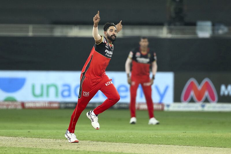 Mohammed Siraj of Royal Challengers Bangalore celebrates the wicket of Prithvi Shaw of Delhi Capitals during match 19 of season 13 of the Dream 11 Indian Premier League (IPL) between the Royal Challengers Bangalore and the 
Delhi Capitals held at the Dubai International Cricket Stadium, Dubai in the United Arab Emirates on the 5th October 2020.  Photo by: Ron Gaunt  / Sportzpics for BCCI