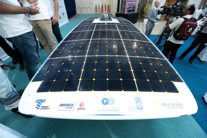The solar car that will represent the UAE in the Abu Dhabi Solar Challenge in unveiled at the Petroleum Institute in Abu Dhabi. Christopher Pike / The National