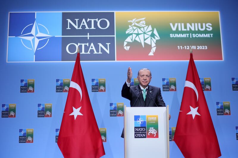 Turkish President Recep Tayyip Erdogan attends a news conference during the Nato summit in Vilnius in July. EPA