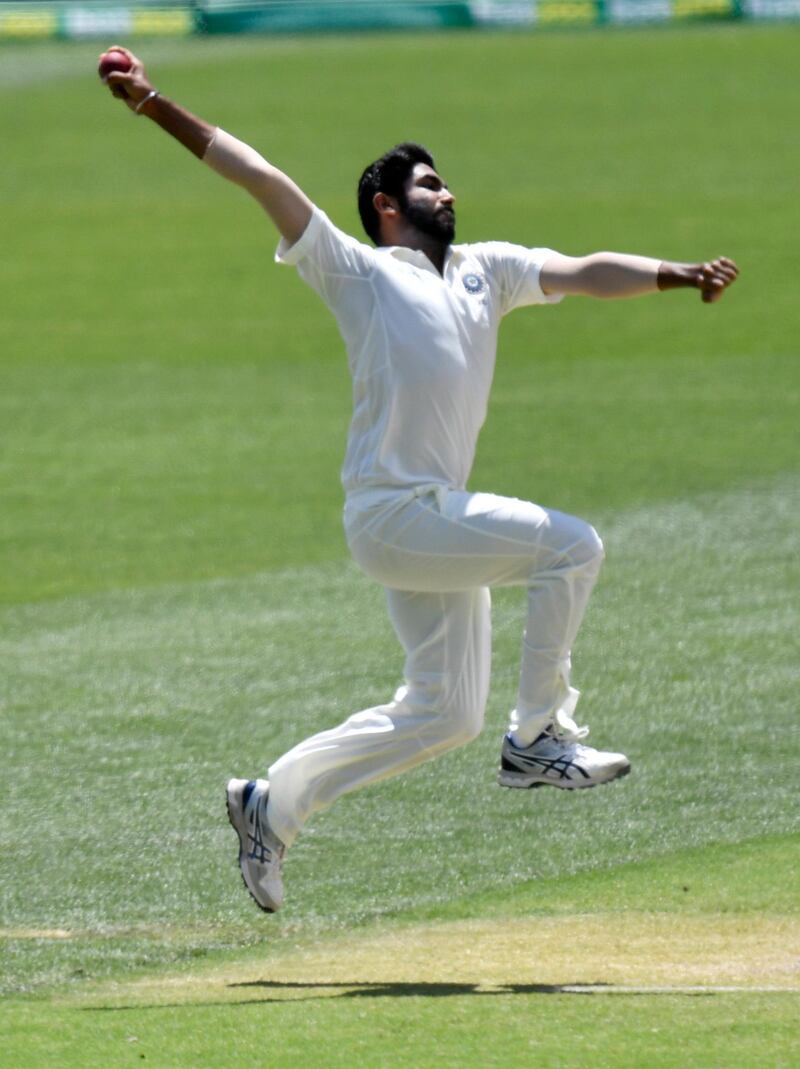 epa07220816 Jasprit Bumrah of India in action during day five of the first Test Match between Australia and India at the Adelaide Oval in Adelaide, Australia, 10 December 2018.  EPA/KELLY BARNES NO ARCHIVING, EDITORIAL USE ONLY, IMAGES TO BE USED FOR NEWS REPORTING PURPOSES ONLY, NO COMMERCIAL USE WHATSOEVER, NO USE IN BOOKS WITHOUT PRIOR WRITTEN CONSENT FROM AAP AUSTRALIA AND NEW ZEALAND OUT