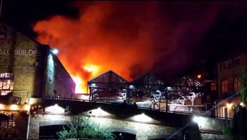 Camden Market is seen ablaze in London, Britain July 9, 2017. Mandatory credit Facebook@Billy Farrington/Handout via REUTERS ATTENTION EDITORS - THIS IMAGE WAS PROVIDED BY A THIRD PARTY. MANDATORY CREDIT. NO RESALES. NO ARCHIVE