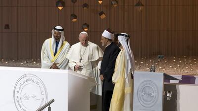 Sheikh Mohamed bin Zayed, Pope Francis, Dr Ahmed Al Tayeb, Grand Imam of Al Azhar, and Sheikh Mohammed bin Rashid, during the historic visit to the UAE of the Pope and the Grand Imam.