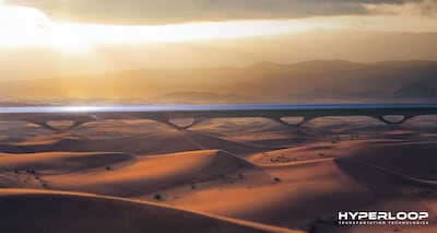 An artist impression of what the HyperloopTT system could look like in the Abu Dhabi desert. Courtesy Hyperloop Transportation Technologies