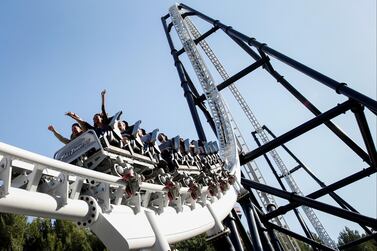 Visitors ride the Full Throttle roller coaster at Six Flags Magic Mountain in Valencia, California. Development of a Six Flags Dubai outpost is on hold. Bloomberg