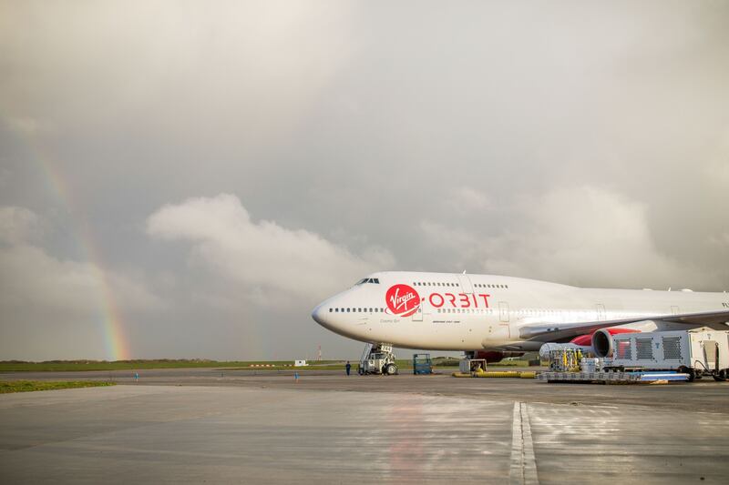 Cosmic Girl, a Boeing 747 modified to launch satellites, on the tarmac at Spaceport Cornwall. Bloomberg