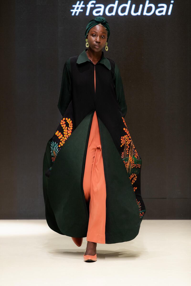 A patterned abaya from FAD Dubai at Arab Fashion Week. Courtesy AFW