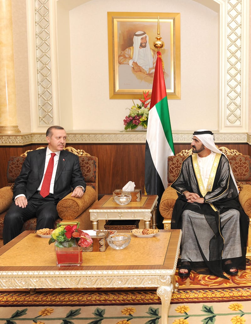 Sheikh Mohammad and Mr Erdogan hold talks in Abu Dhabi in January 2010. WAM