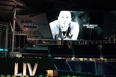 Jan 27, 2020; Miami, FL, USA; A tribute is displayed for Los Angeles Lakers guard Kobe Bryant before Super Bowl LIV Opening Night at Marlins Park.  Mandatory Credit: Kirby Lee-USA TODAY Sports