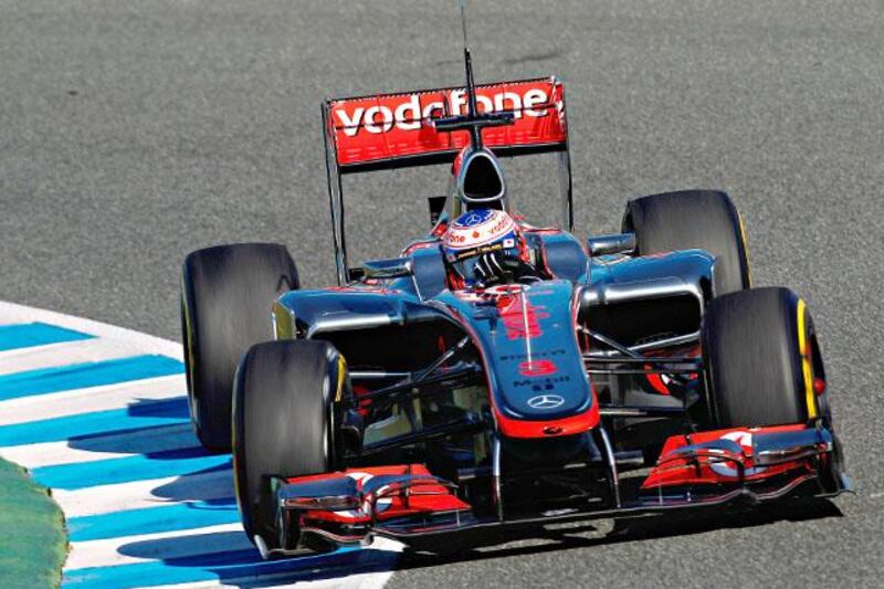 JEREZ DE LA FRONTERA, SPAIN - FEBRUARY 07:  McLaren driver Jenson Button of Great Britain drives the new McLaren Mercedes MP-27 during Formula One winter testing at the Circuito de Jerez on February 7, 2012 in Jerez de la Frontera, Spain.  (Photo by Paul Gilham/Getty Images)