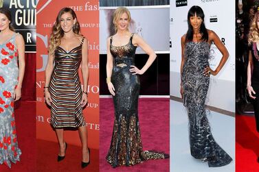 This combination of photos shows celebrities, from left, Amy Adams, Nicole Kidman, Shailene Woodley, Sarah Jessica Parker, Nicole Kidman, Naomi Campbell and Madonna wearing dresses by designer L'wren Scott. The dresses are among 55 creations going on sale this week at Christie’s in London as part of the L’Wren Scott Collection. (AP Photo)