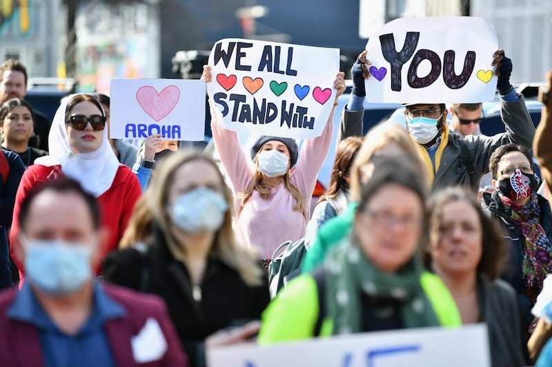 Members of the public wait outside Christchurch High Court as they want to show the victims their support during the sentencing of Brenton Tarrant in Christchurch, New Zealand. Getty Images