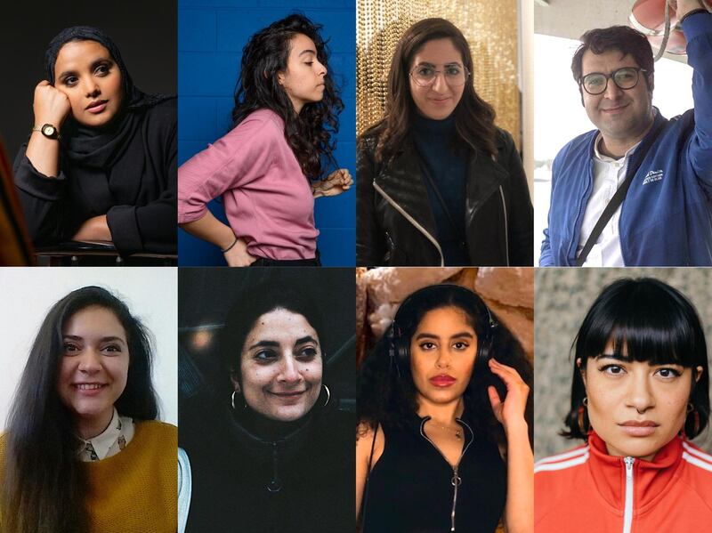 Winners of MENA Arts UK competition. From left to right, top to bottom. Amina Atiq, Bint Mbareh, Jida Akil, Majid Adin, Maral Mamaghanizadeh, May Ziadé, Nooriyah Qais and Peyvand Sadeghian. Photo credit: Robin Clewle