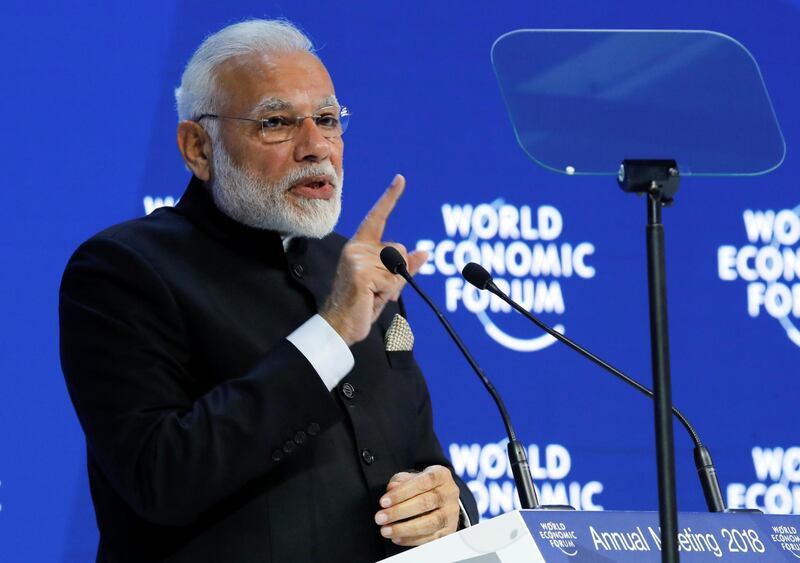 India's Prime Minister Narendra Modi speaks at the Opening Plenary during the World Economic Forum (WEF) annual meeting in Davos, Switzerland, January 23, 2018. REUTERS/Denis Balibouse