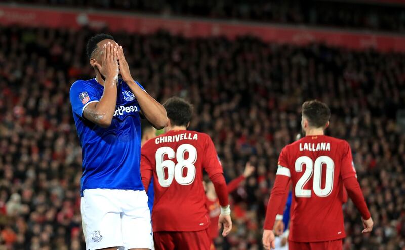 Everton's Yerry Mina rues a missed chance during the FA Cup third round match against Liverpool at Anfield. PA