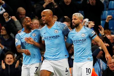 Soccer Football - Premier League - Manchester City v Leicester City - Etihad Stadium, Manchester, Britain - May 6, 2019  Manchester City's Vincent Kompany celebrates scoring their first goal with team mates       REUTERS/Phil Noble  EDITORIAL USE ONLY. No use with unauthorized audio, video, data, fixture lists, club/league logos or "live" services. Online in-match use limited to 75 images, no video emulation. No use in betting, games or single club/league/player publications.  Please contact your account representative for further details.