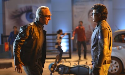Akshay Kumar and Rajinikanth in 2.0. Courtesy Lyca Production