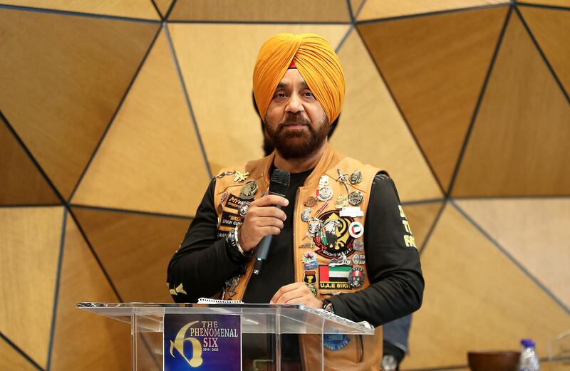 Gurnam Singh, founder of Singhs Motorcycle Club UAE, addresses the anniversary gathering. 