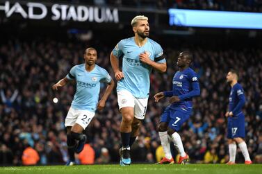 MANCHESTER, ENGLAND - FEBRUARY 10: Sergio Aguero of Manchester City celebrates after scoring his team's fifth goal during the Premier League match between Manchester City and Chelsea FC at Etihad Stadium on February 10, 2019 in Manchester, United Kingdom. (Photo by Michael Regan/Getty Images)