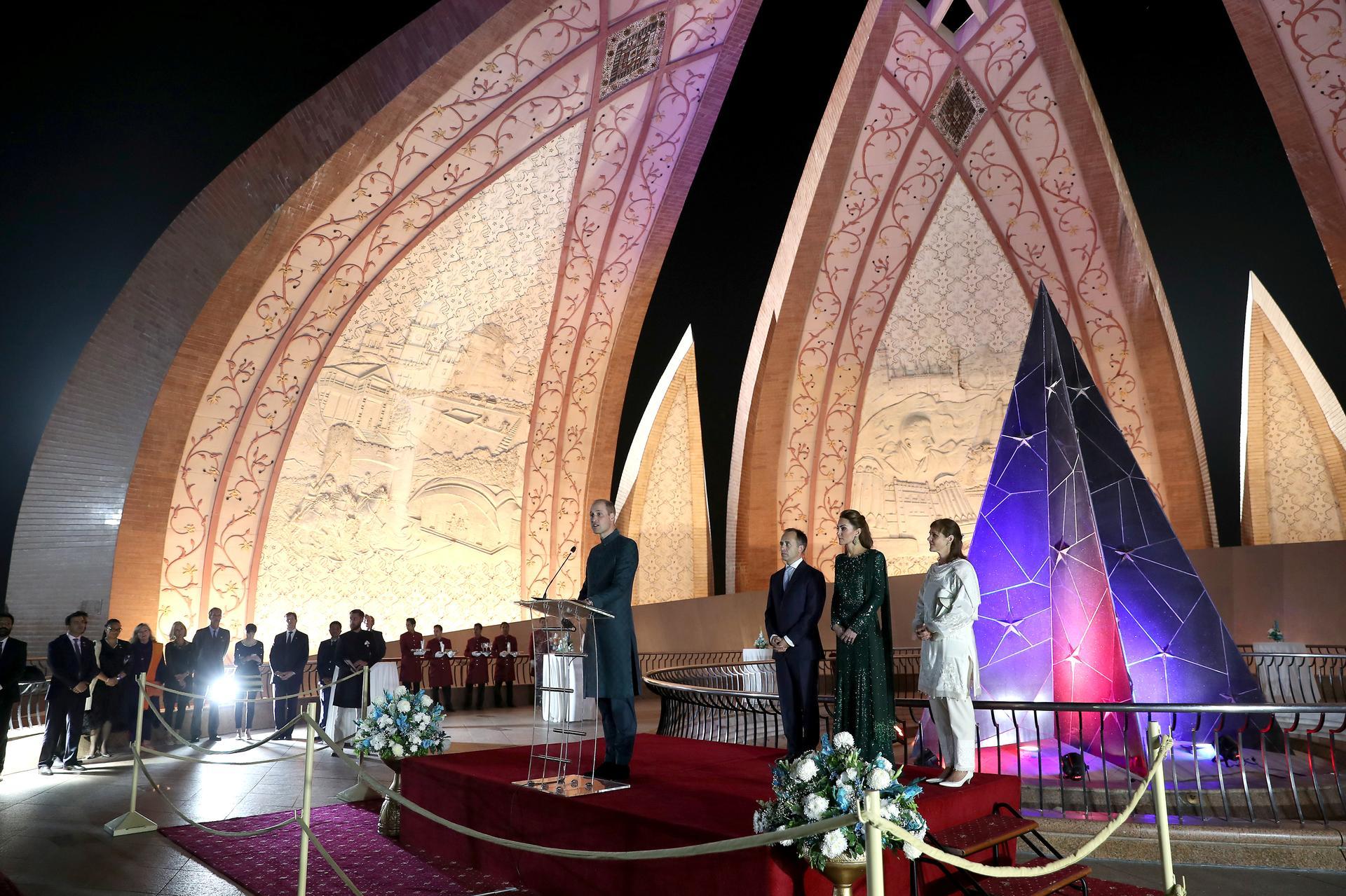 Britain's Prince William makes a speech as he attends a special reception with Catherine, Duchess of Cambridge, hosted by the British High Commissioner to Pakistan, Thomas Drew, at the Pakistan National Monument in Islamabad, Pakistan. REUTERS