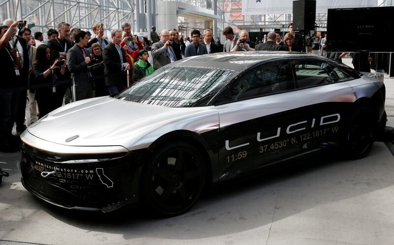 The Lucid Air speed test car displayed at the New York International Auto Show. Reuters