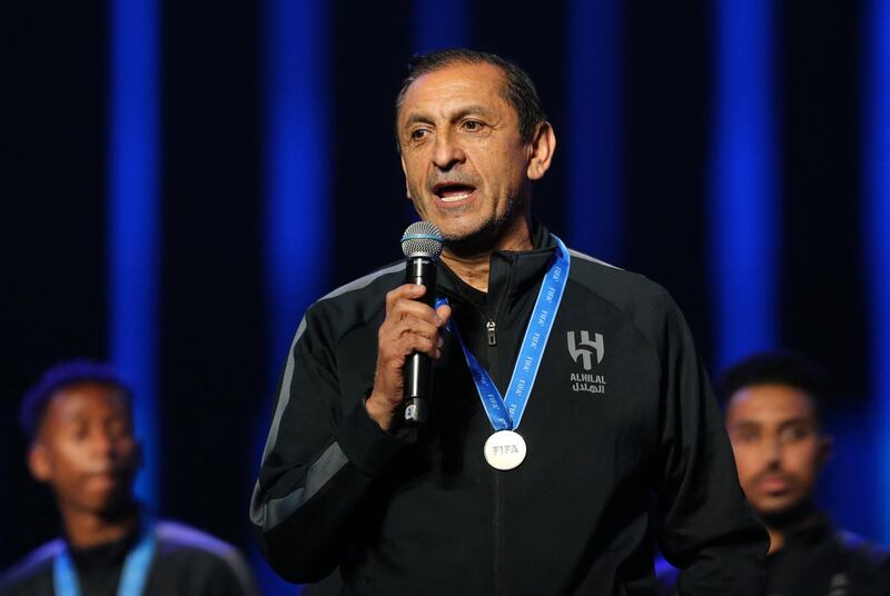 Al Hilal coach Ramon Diaz speaks on stage after arriving in Riyadh. Reuters