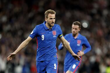 England's Harry Kane celebrates scoring his side's second goal from the penalty spot during the Alzheimer's Society international match at Wembley Stadium, London. Picture date: Saturday March 26, 2022.