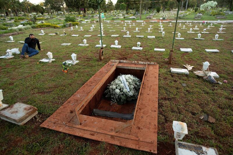 A man cries for his relative victim of Covid-19 in the Campo de Esperanza cemetery in Brasilia, Brazil.  EPA