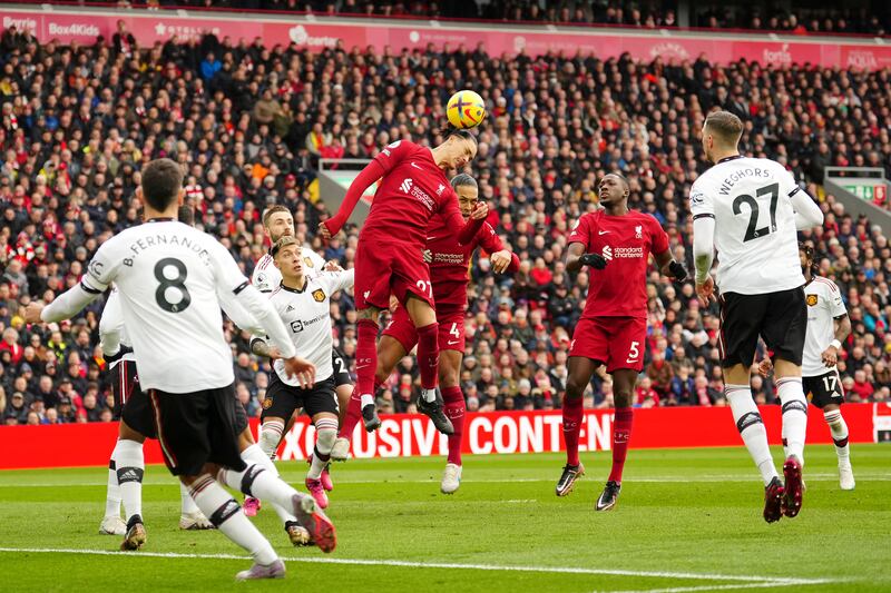Liverpool's Darwin Nunez heads the ball. AP 