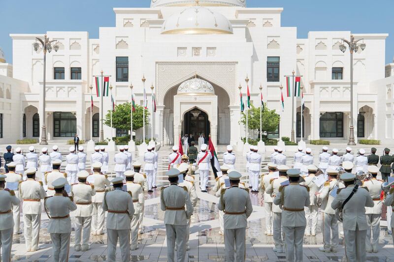 ABU DHABI, UNITED ARAB EMIRATES - October 21, 2018: HH Sheikh Mohamed bin Zayed Al Nahyan Crown Prince of Abu Dhabi Deputy Supreme Commander of the UAE Armed Forces (back center R) and HE Boyko Borisov, Prime Minister of Bulgaria (back center L), stand for the national anthem, during a reception held at the Presidential Palace.

( Rashed Al Mansoori / Crown Prince Court - Abu Dhabi )
---