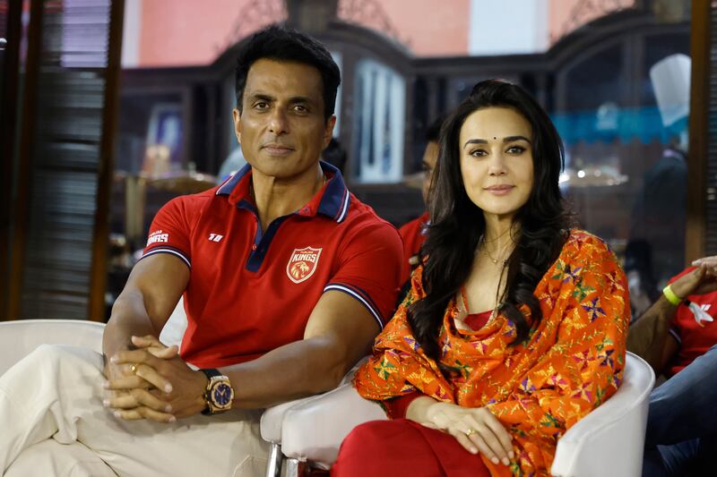 Punjab Kings co-owner Preity Zinta co-owner with actor Sonu Sood during the match against Gujarat Titans in Mohali on April 13, 2023. Sportzpics for IPL