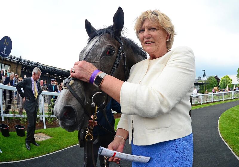Trainer Jessica Harrington with Alpha Centauri after their win Tattersalls 1000 Guineas during day two of the 2018 Tattersalls Irish Guineas Festival at Curragh Racecourse, County Kildare. PRESS ASSOCIATION Photo. Picture date: Sunday May 27, 2018. See PA story RACING Curragh. Photo credit should read: PA Wire
