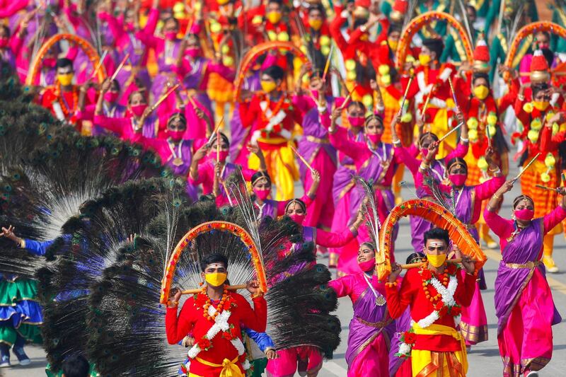 Dancers perform during the Republic Day parade in New Delhi, India. Reuters