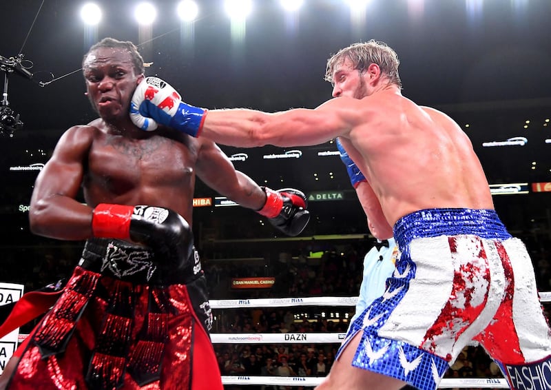 LOS ANGELES, CA - NOVEMBER 09: Logan Paul (red/white/blue shorts) and KSI (black/red shorts) exchange punches during their pro debut fight at Staples Center on November 9, 2019 in Los Angeles, California. KSI won by decision.   Jayne Kamin-Oncea/Getty Images/AFP
== FOR NEWSPAPERS, INTERNET, TELCOS & TELEVISION USE ONLY ==
