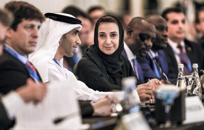 Abu Dhabi, United Arab Emirates, November 5, 2019.  
International renewable Energy Agency (IRENA), 18th Meeting of the Council.
 (L-R) HE Dr. Thani Al Zeyoudi, Minister of Climate Change and Environment, UAE and Dr Nawal Al Hosany, Permanent Representative of the  UAE to IRENA during the meeting.
Victor Besa/The National
Section:  NA
FOR:  John Dennehy