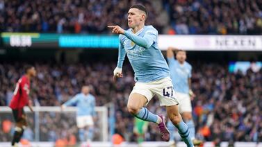 Manchester City's Phil Foden celebrates scoring their side's first goal of the game during the Premier League match at the Etihad Stadium, Manchester. Picture date: Sunday March 3, 2024. PA Photo. See PA story SOCCER Man City. Photo credit should read: Mike Egerton/PA Wire.RESTRICTIONS: EDITORIAL USE ONLY No use with unauthorised audio, video, data, fixture lists, club/league logos or "live" services. Online in-match use limited to 120 images, no video emulation. No use in betting, games or single club/league/player publications.