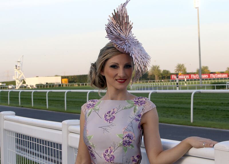 Anabella Pribylova won the best hat award at the Dubai World Cup 2016, at the Meydan Racecourse. Ravindranath K / The National 