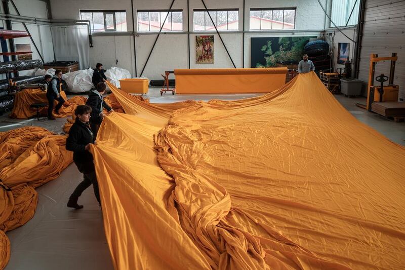 At geo — die Luftwerker, 75,000 square meters of yellow fabric are sewed into panels, Lübeck, Germany, February 2016