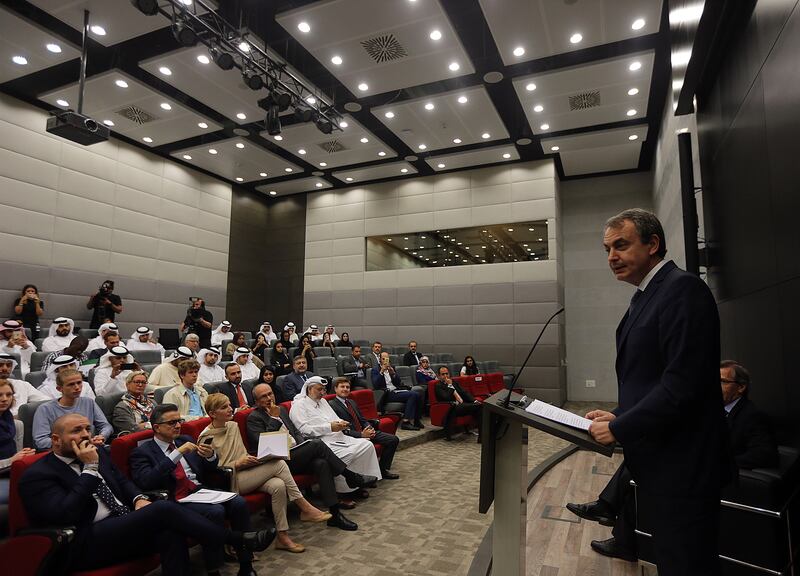 AbuDhabi, United Arab Emirates-April,18,2016: José Luis Rodríguez Zapatero, Former Prime Minister of Spain  gestures during the lecture at the  Emirates Diplomatic Academy  in AbuDhabi.  ( Satish Kumar / The National  ) 
ID No: 79484
Section: News
Reporter : Thamer Subaihi *** Local Caption ***  SK-EDA-18042016-05.jpg