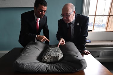 His Excellency Dr Salih Husain Ali with British Minister of the Middle East and North Africa Alistair Burt with an Iraqi 'kudurru' (boundary stone) at the British Museum in London, Britain, 19 March 2019. EPA