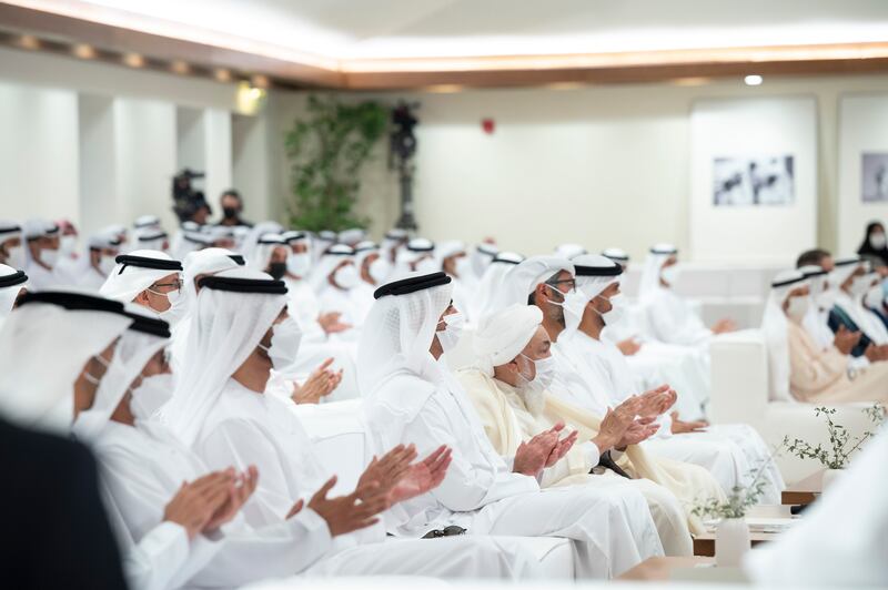 Sheikh Saif bin Zayed, fourth from left, and Abdallah bin Bayyah