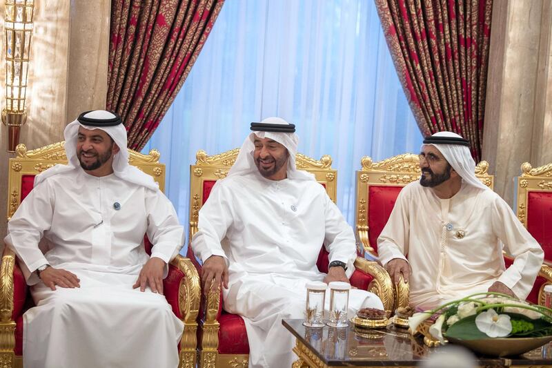 DUBAI, UNITED ARAB EMIRATES -June 09, 2018: HH Sheikh Mohamed bin Zayed Al Nahyan, Crown Prince of Abu Dhabi and Deputy Supreme Commander of the UAE Armed Forces (C), attends an Iftar reception hosted by HH Sheikh Mohamed bin Rashid Al Maktoum, Vice-President, Prime Minister of the UAE, Ruler of Dubai and Minister of Defence (R), at Zabeel Palace. Seen with HH Sheikh Hamdan bin Zayed Al Nahyan, Ruler’s Representative in Al Dhafra Region (L).

( Abdullah Al Junaibi for the Crown Prince Court - Abu Dhabi )
---