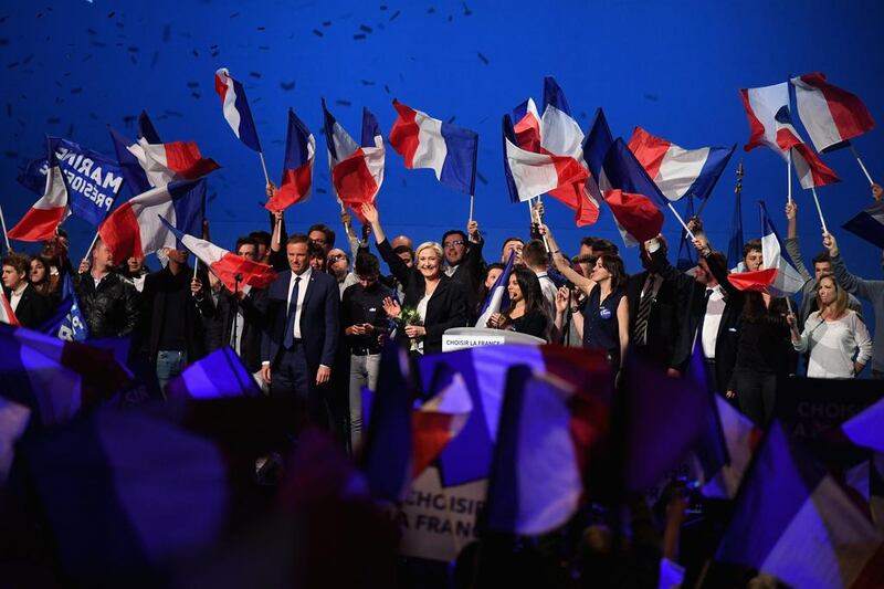 French presidential candidate Marine Le Pen thanks her supporters during an election rally on May 1, 2017 in Villepinte, France. Jeff J Mitchell / Getty Images