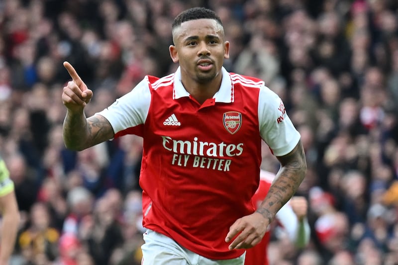 Arsenal's Gabriel Jesus celebrates after scoring the opening goal against Leeds United at the Emirates Stadium on Saturday, April 1, 2023. AFP