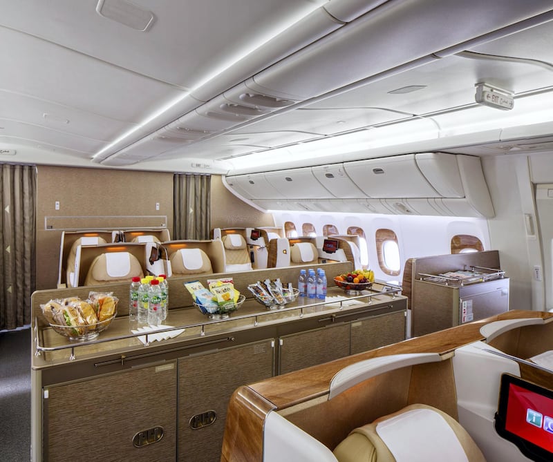 The new Business Class cabin also features a social area – unique to the Boeing 777-200LR fleet. Courtesy Emirates