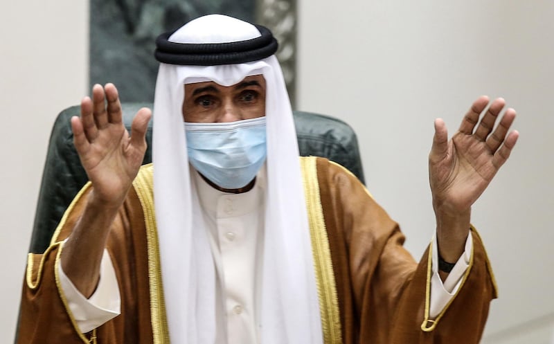 Sheikh Nawaf salutes MPs after being sworn in as Kuwait's Emir at the National Assembly in Kuwait City in September 2020. AFP