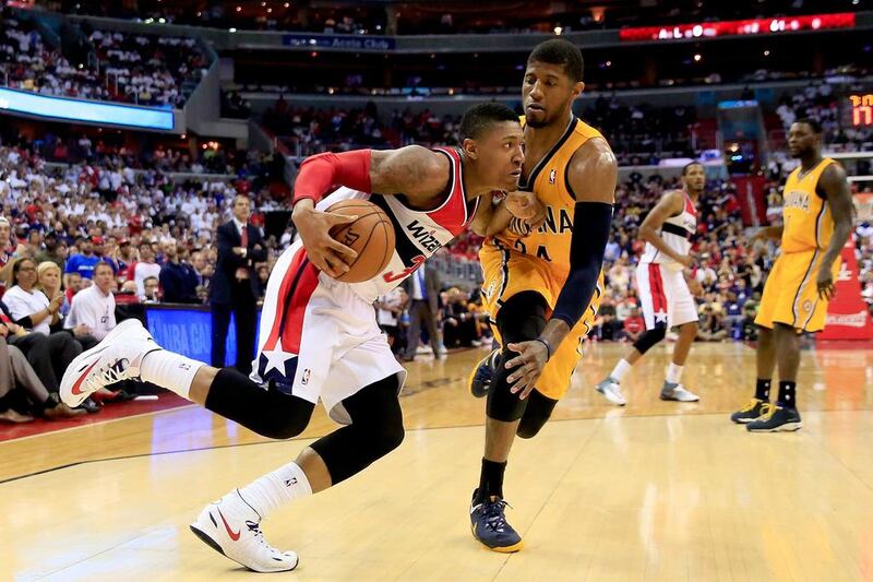 Paul George, centre, and the Indiana Pacers, pictured during Game 6 of the Eastern Conference semi-finals against the Washington Wizards at Verizon Center on May 15, 2014 in Washington, DC, hope to use their superior size to see off the Miami Heat in the conference finals. Rob Carr / AFP