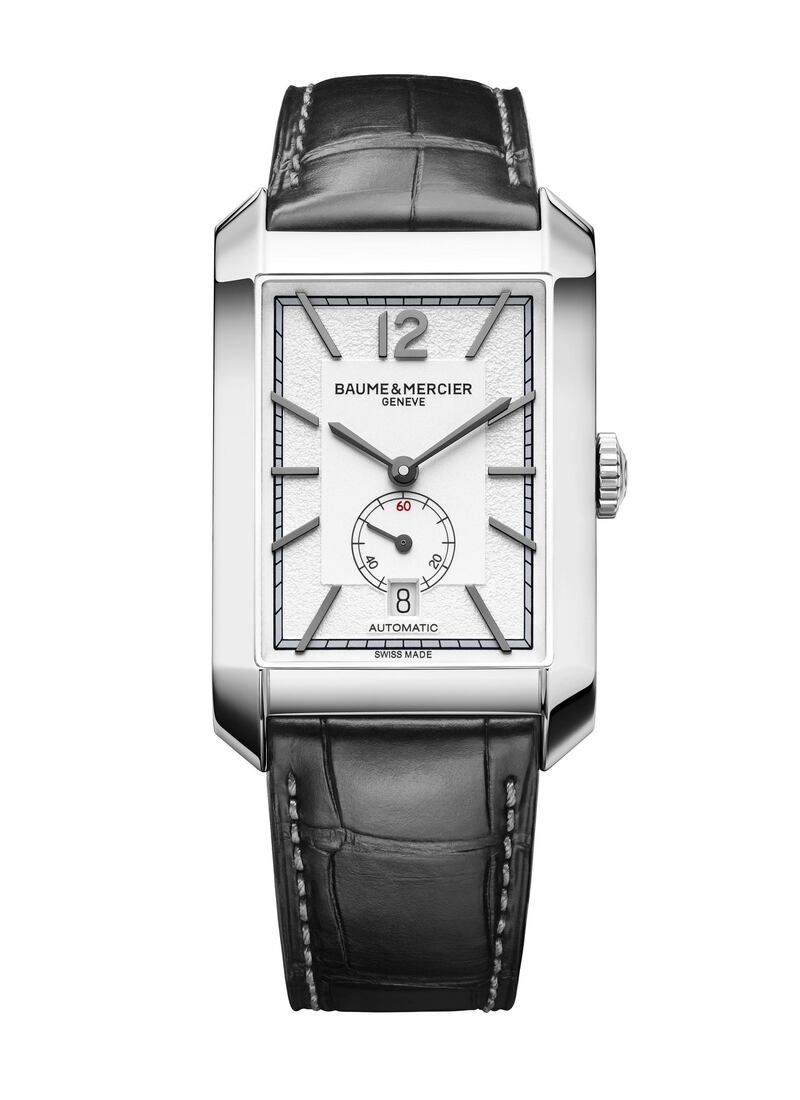 Hampton: Baume & Mercier has given its Hampton collection an art deco makeover. The signature rectangular watch shape has been softened with the introduction of smooth, subtle curves and polished steel cases that come in three sizes. Protected by a domed sapphire crystal, the dials are adorned with contemporary Arabic numerals, riveted indexes and sword-shaped hands.